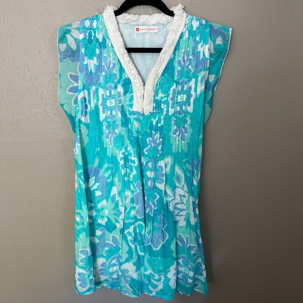 JUDE CONNALLY Blue and White Shift Dress with Vneck Sleeveless Size Small